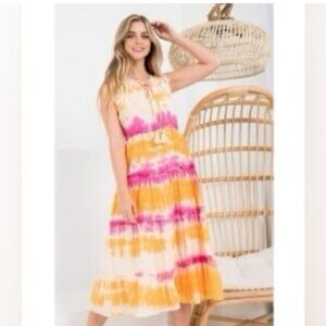 THML Womens Size M Tie Dye Tiered Midi Dress Sleeveless Pink Orange Lined Boho